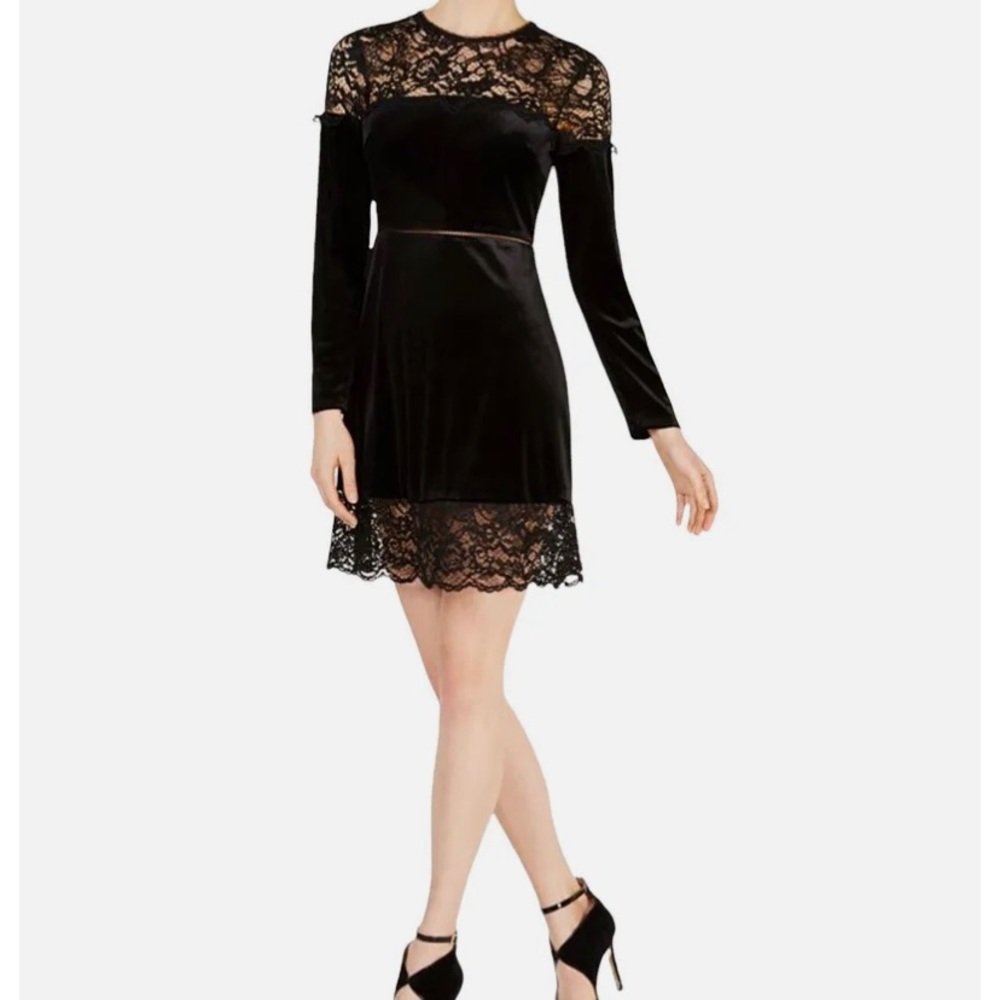 Avec Les Filles  Black Velvet Lace Trim Cocktail Mini A Line Dress SZ 0 NWT